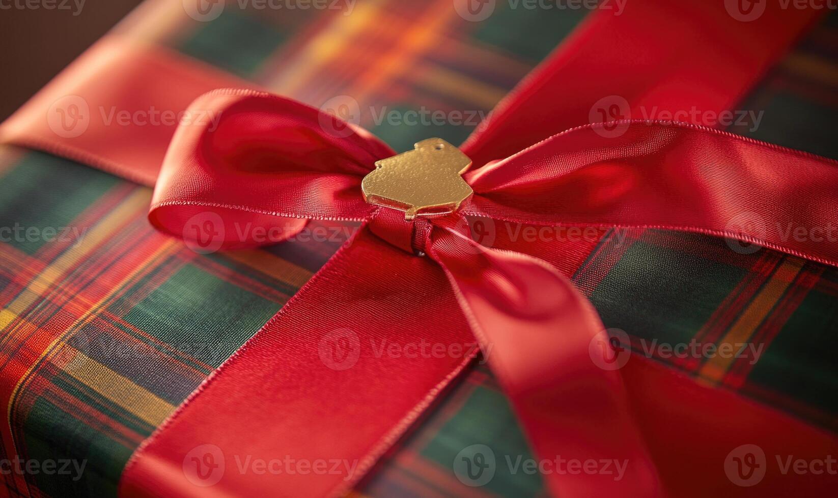 A red and green plaid box with a gold bow on top photo