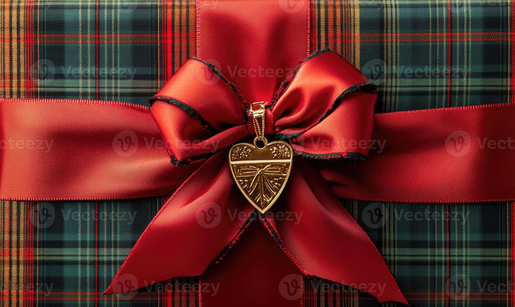 A red and black plaid gift wrapped with a gold heart photo