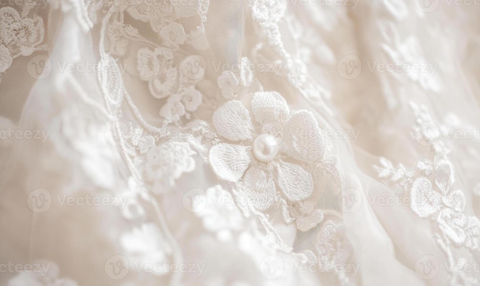 Close up of a wedding dress with lace and flowers photo