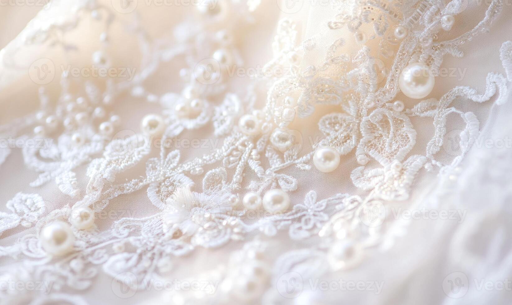 A close up of a white lace dress with a lot of pearls on it photo