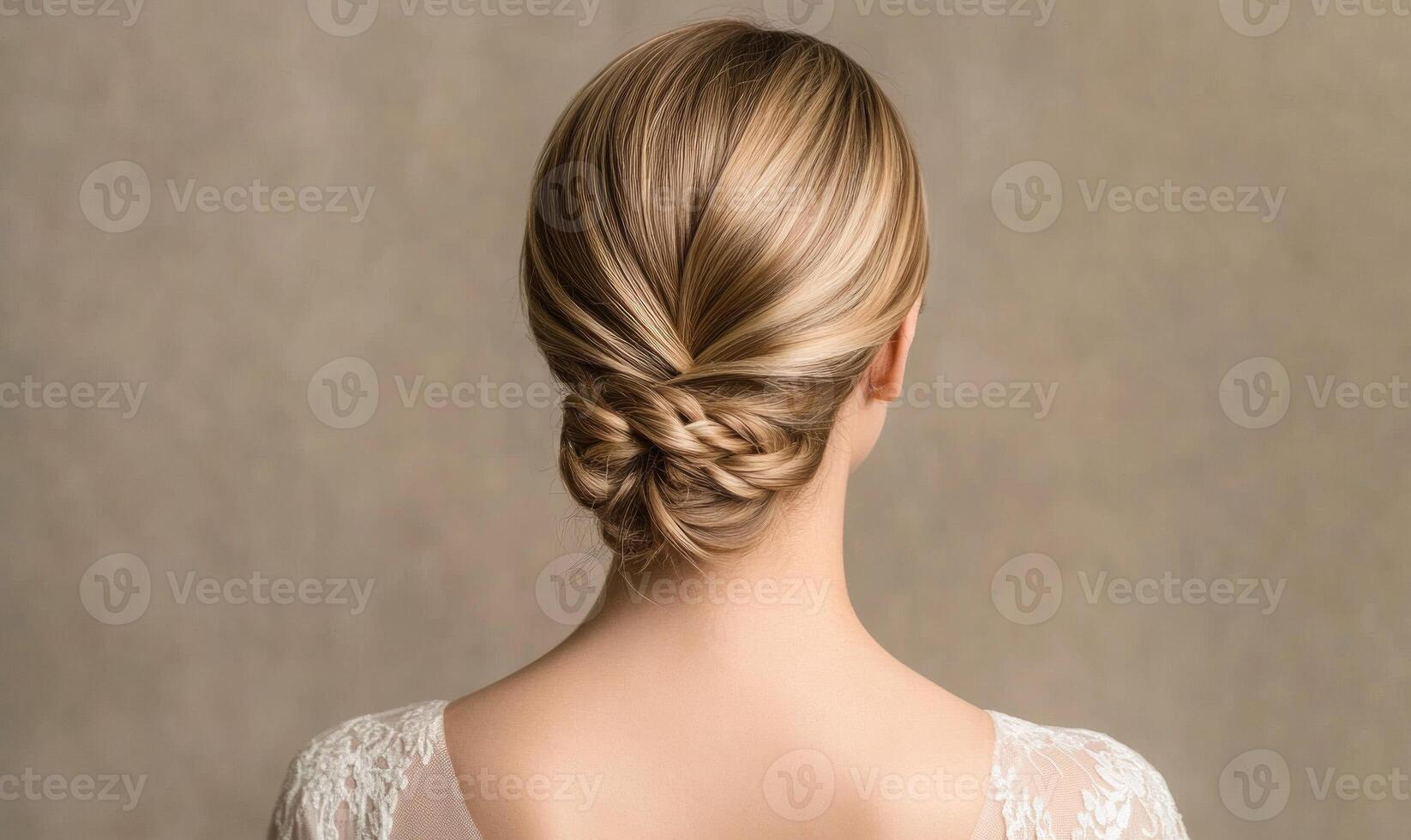 A woman with a bun hairstyle is standing in front of a wall photo