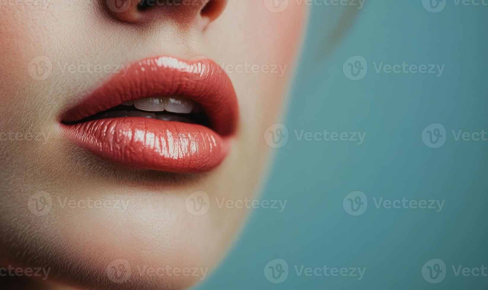 A woman with a red lip is shown in a blue background photo