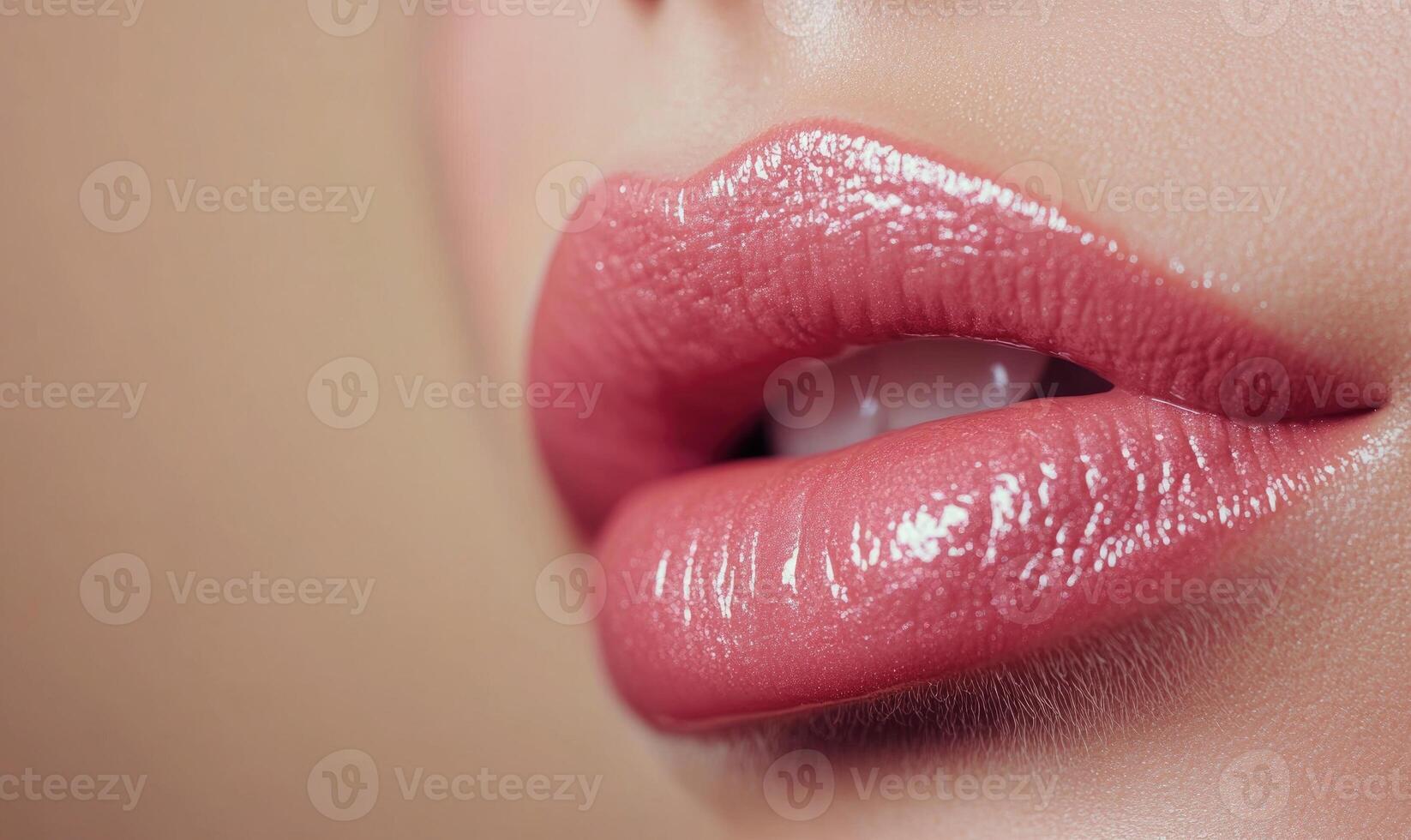 A woman's lips are painted with a bright pink lipstick photo