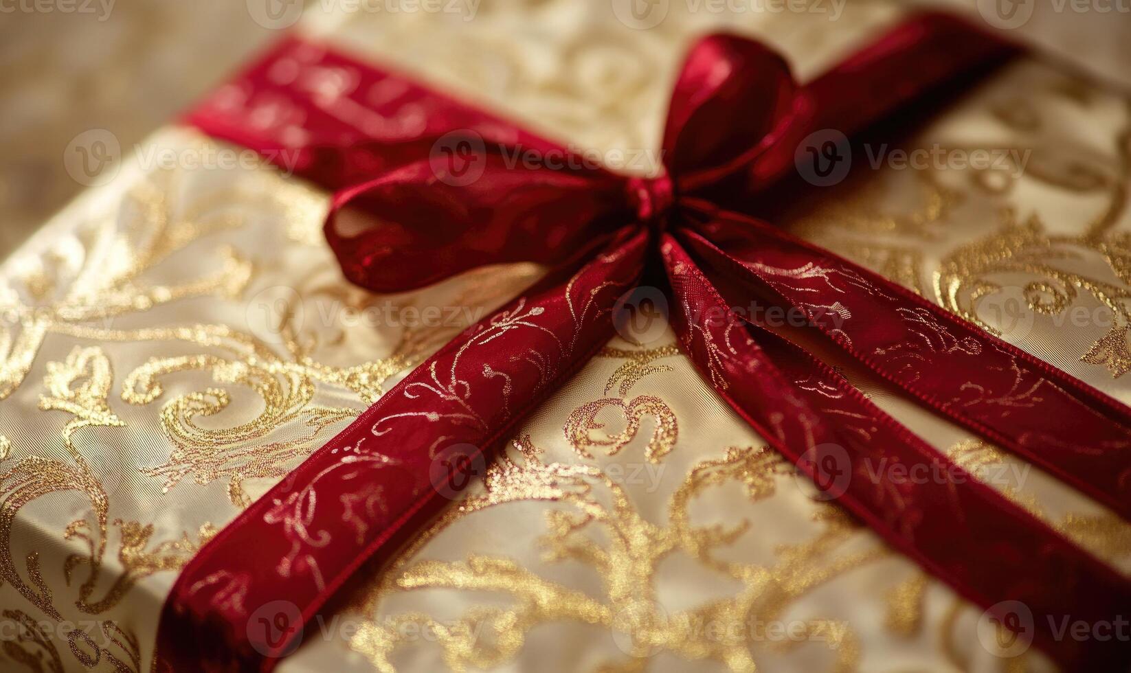 A gold and red wrapped gift box with a red ribbon photo
