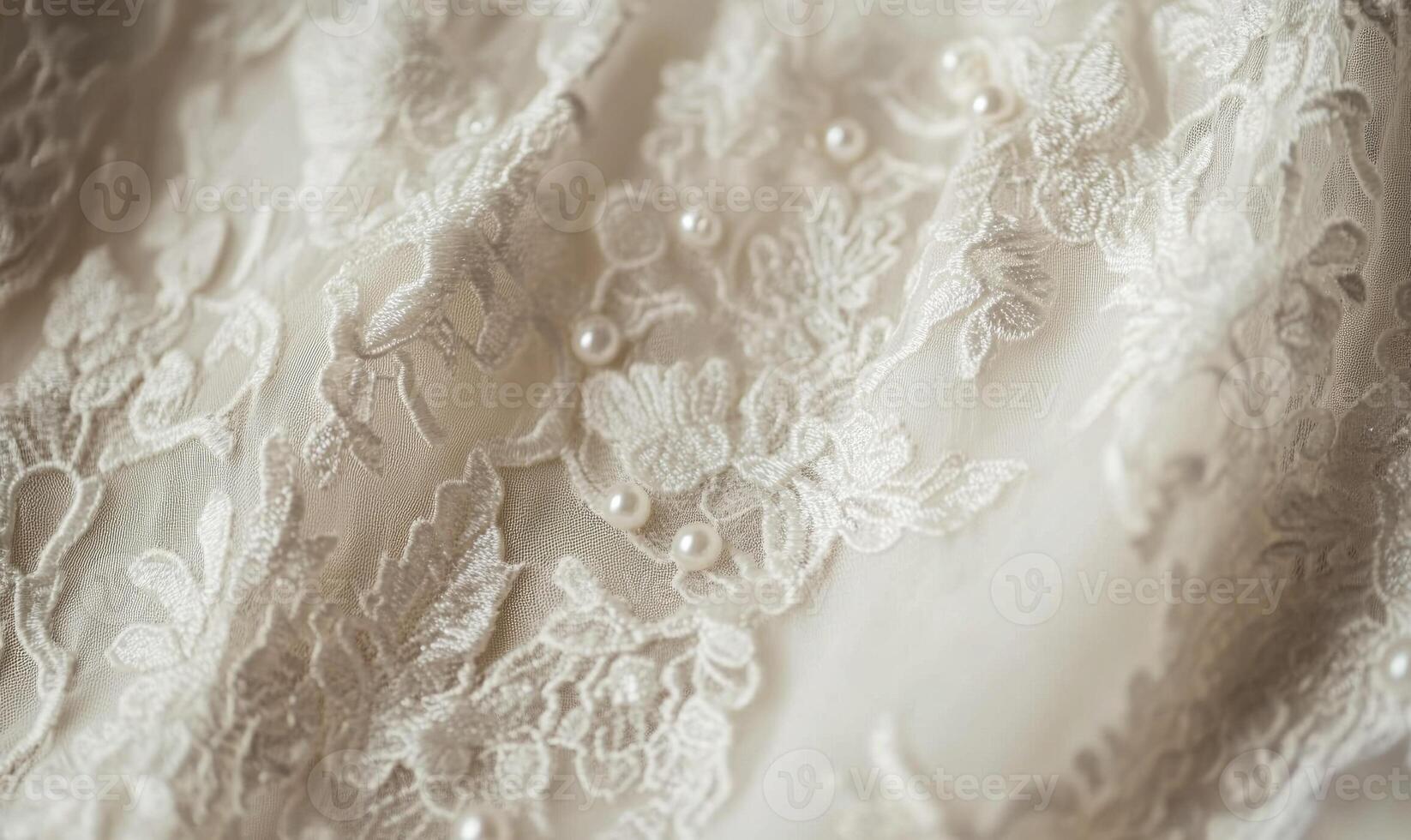 A close up of a white lace dress with a pearl on it photo
