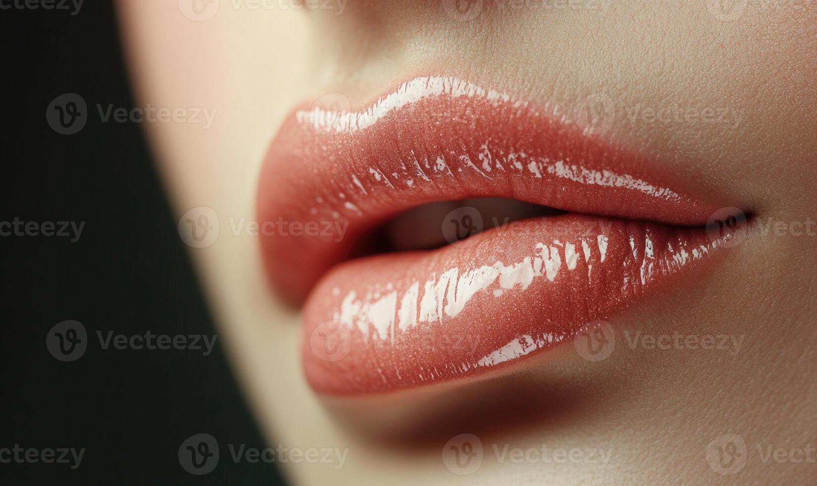 A woman's lips are painted with a shiny lip gloss photo