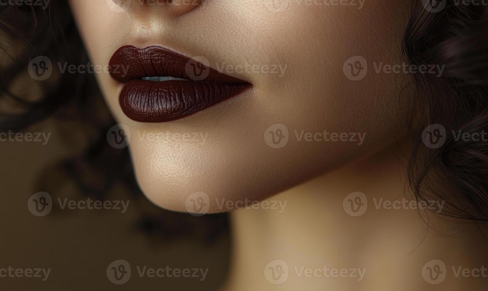 A woman with a red lip is shown in a close up photo