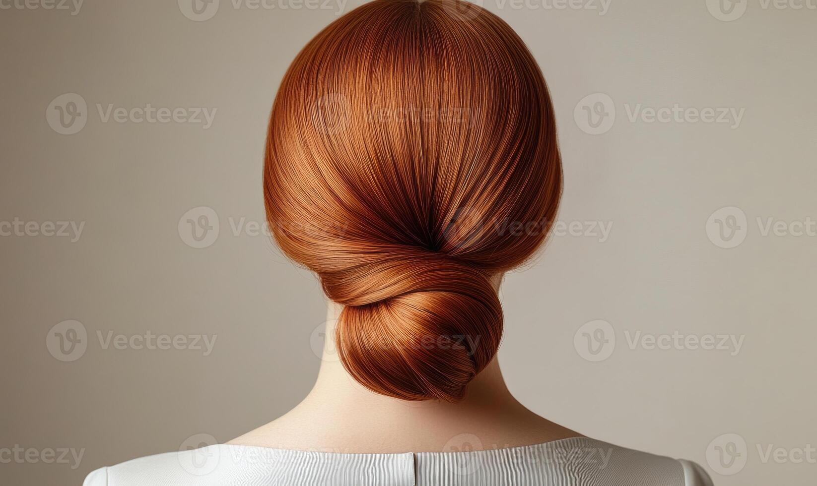 A woman with red hair has her hair in a bun photo