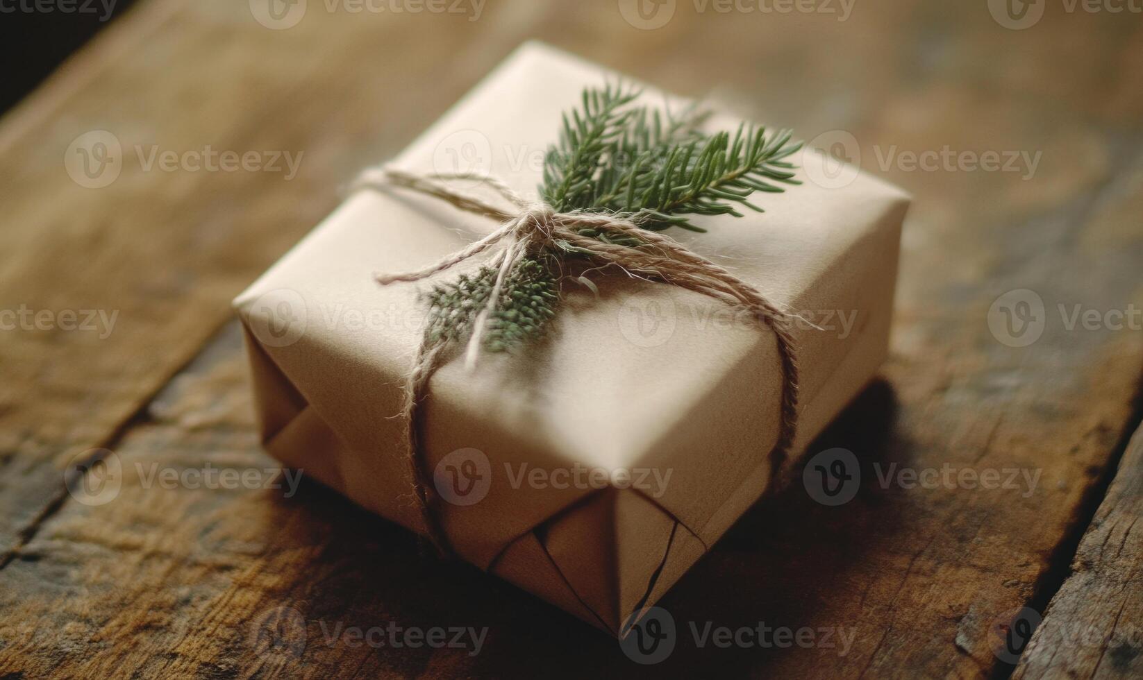 A brown box with a green twig tied to it photo