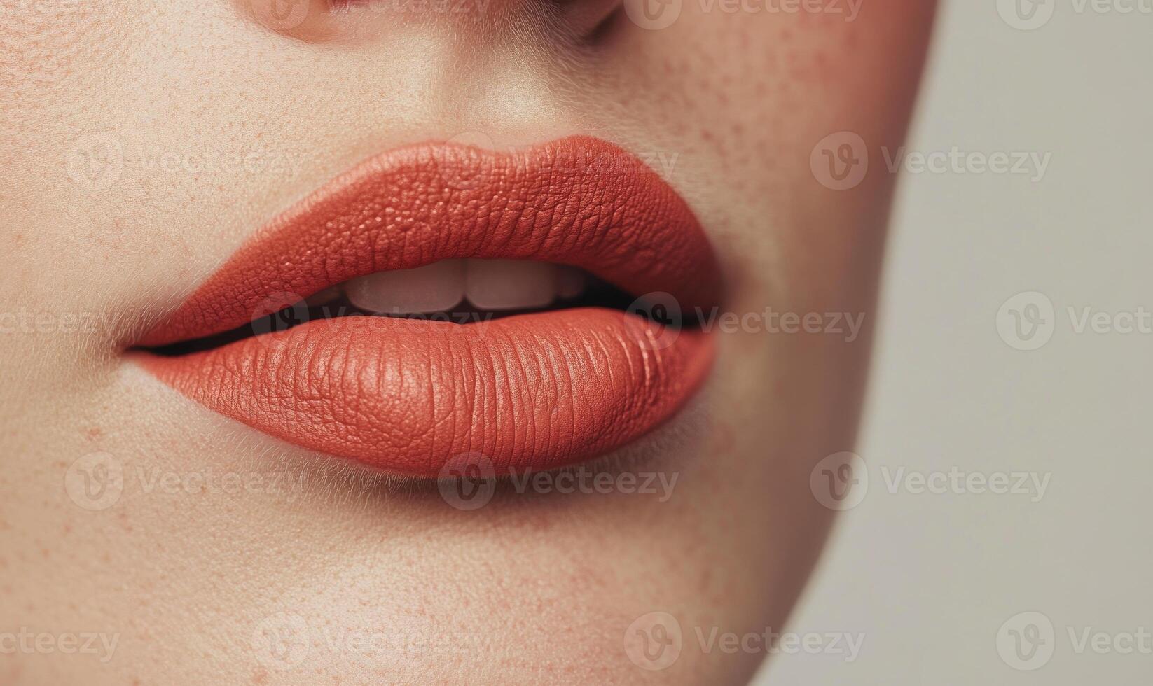 A woman with a red lip is smiling photo