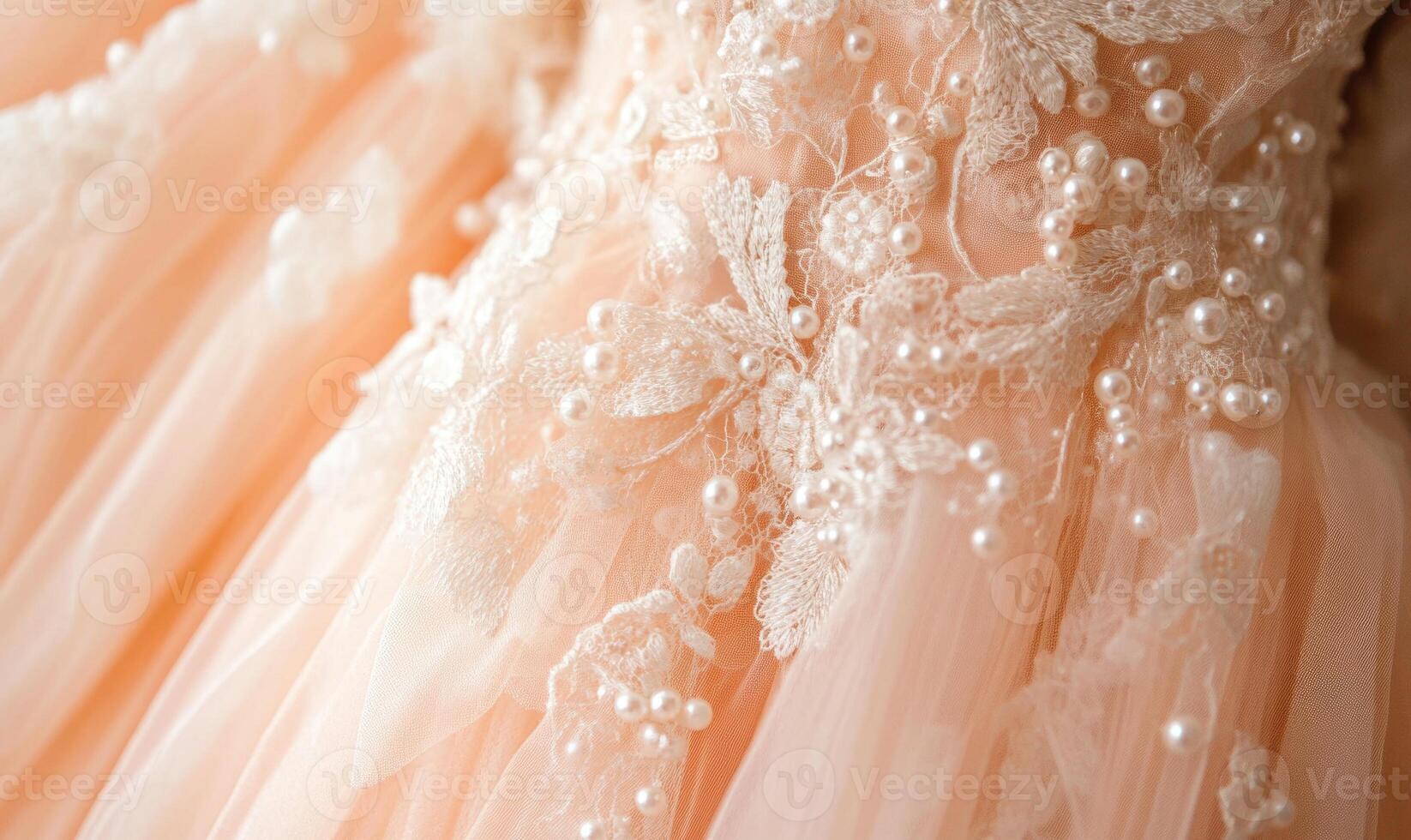 A beautiful white dress with a floral design and pearls photo