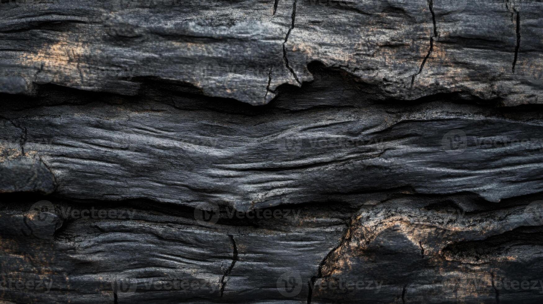 Close-up of a weathered, dark, wooden surface with visible grain and cracks photo