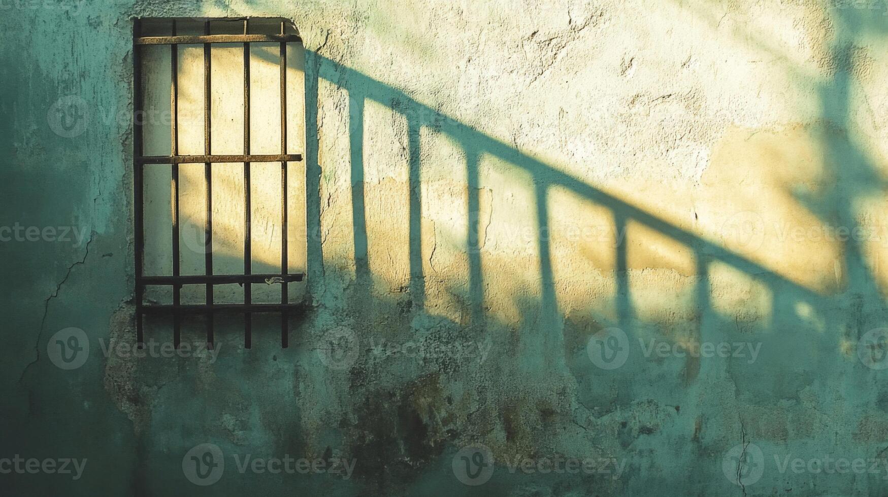 A Barred Window Casting Shadows on a Weathered Wall photo