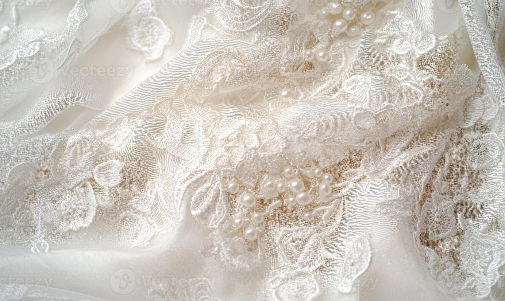 A close up of a white lace fabric with a floral pattern and pearls photo