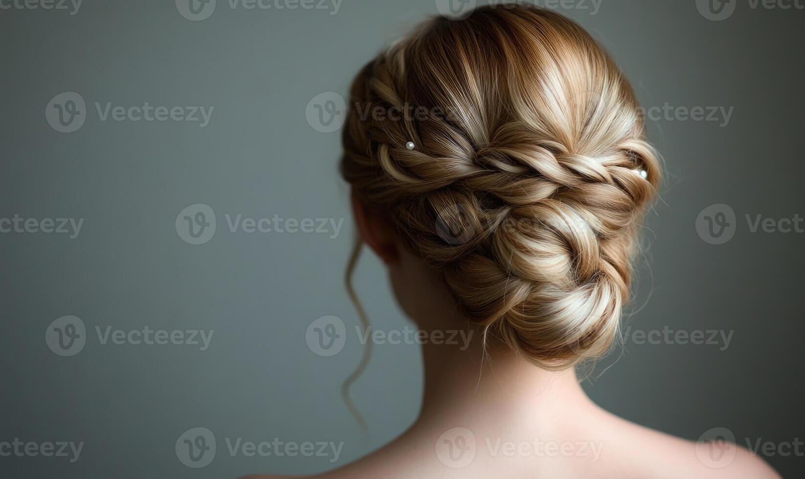 A woman with a beautiful, shiny, and well-styled bun on her head photo