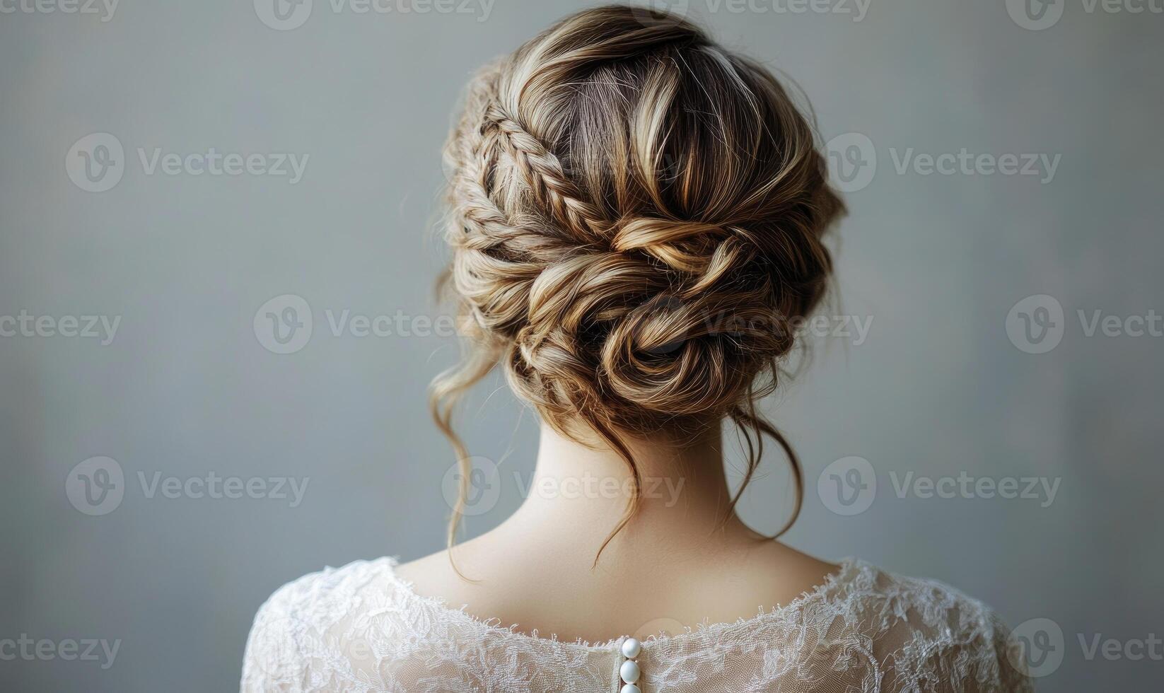 A woman with a braided hairstyle and a pearl necklace photo