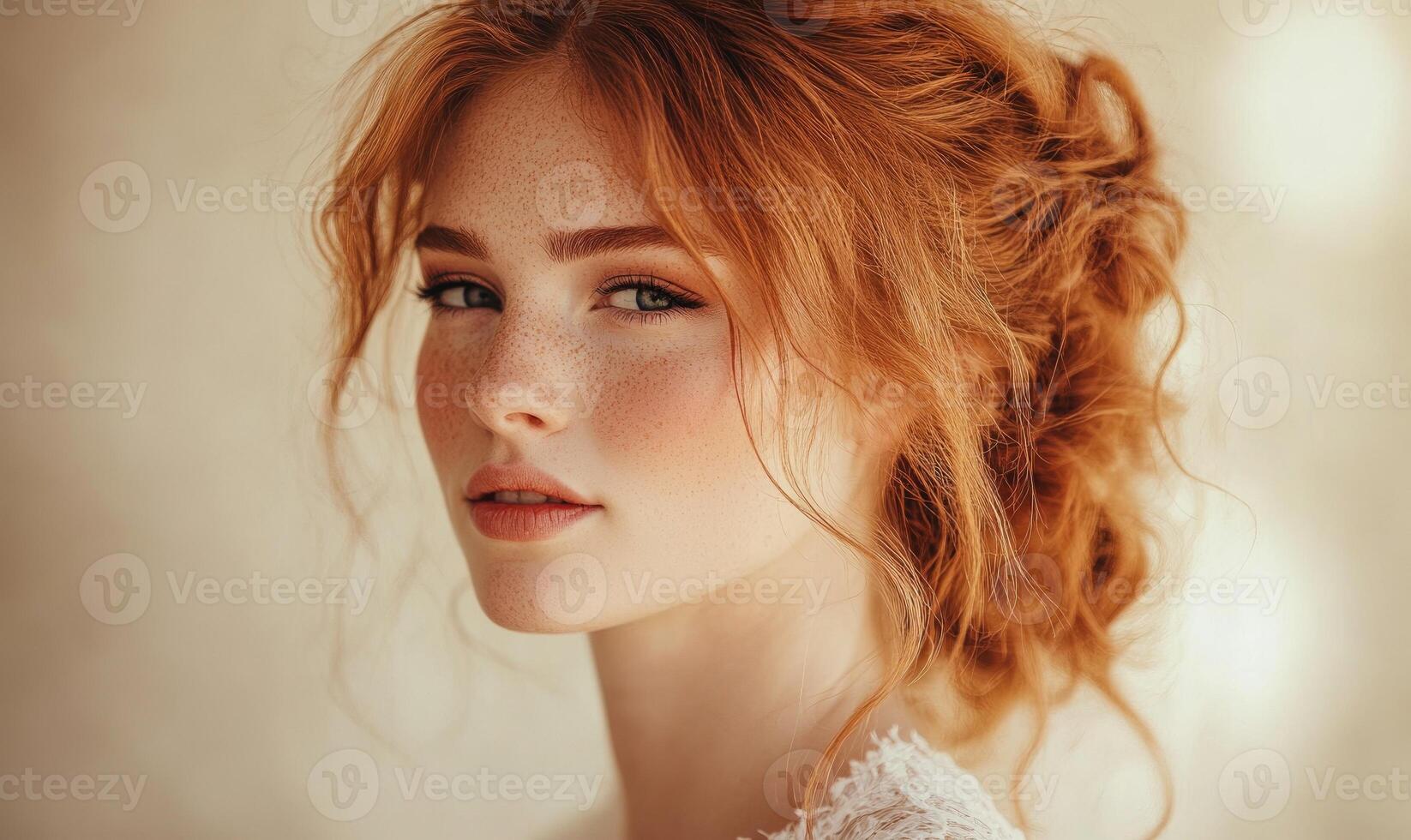 A woman with red hair and a red dress photo