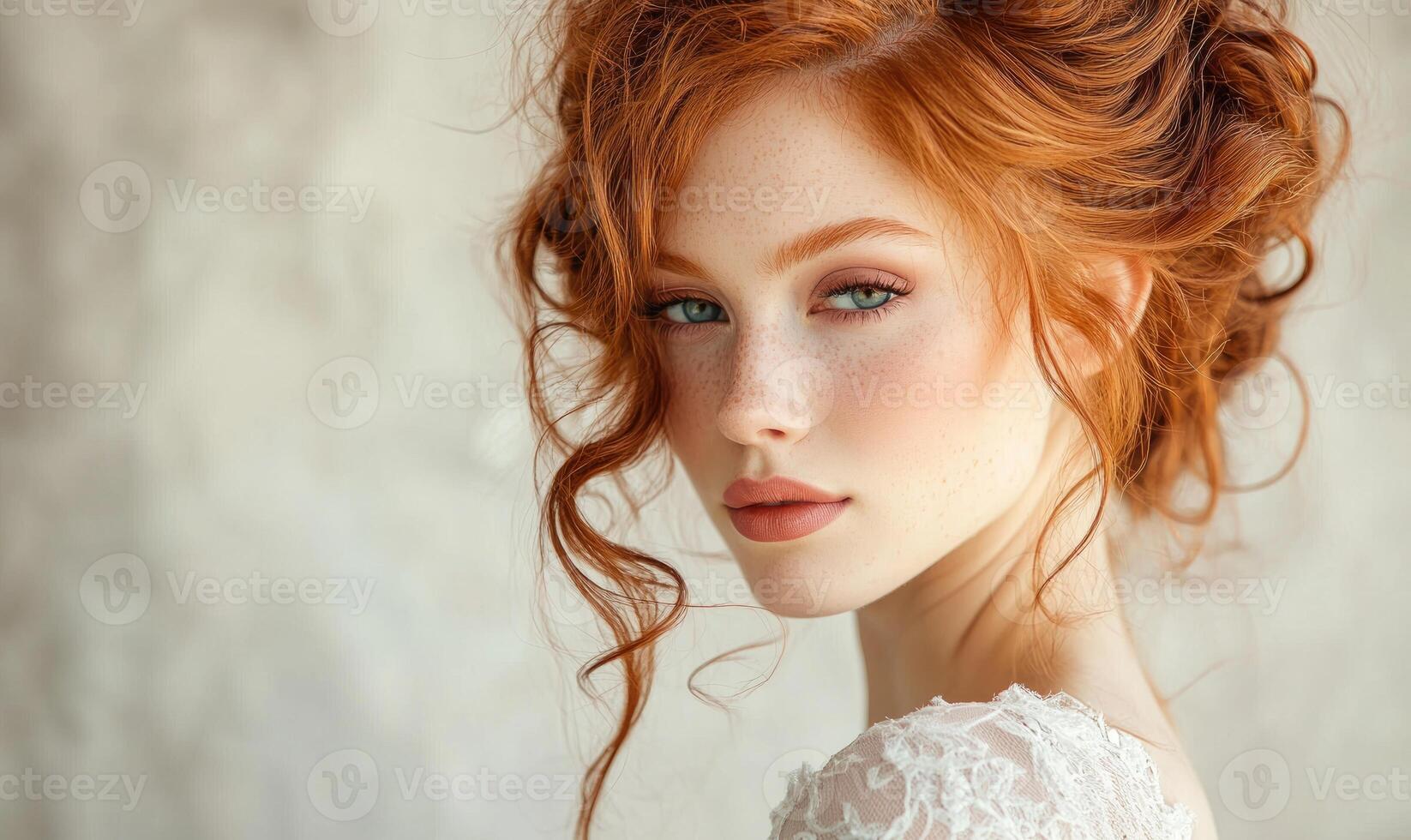 A woman with red hair and a red dress photo
