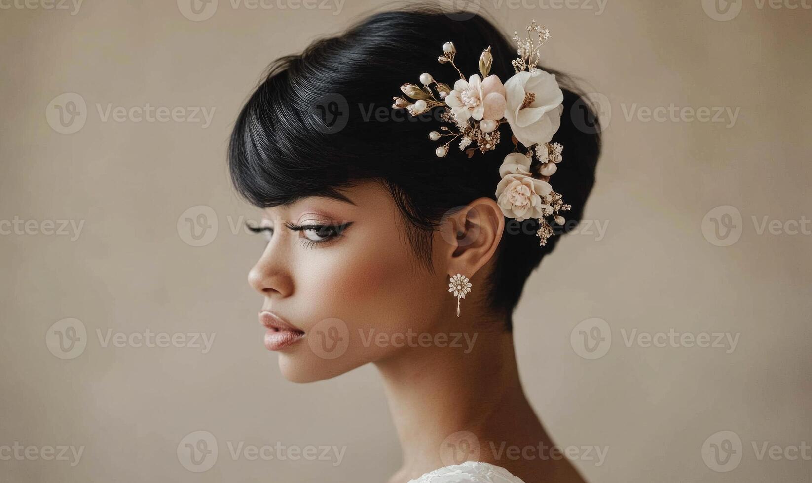 A woman with a flower headpiece on her head photo