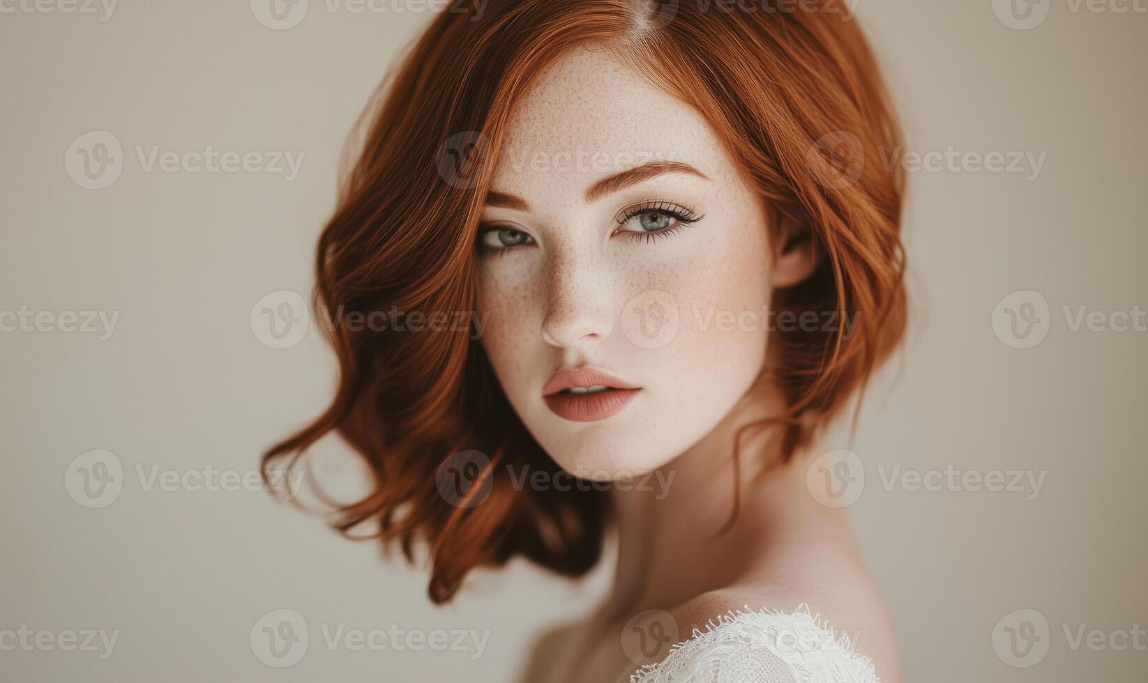 A woman with red hair and green eyes is standing in front of a white wall photo
