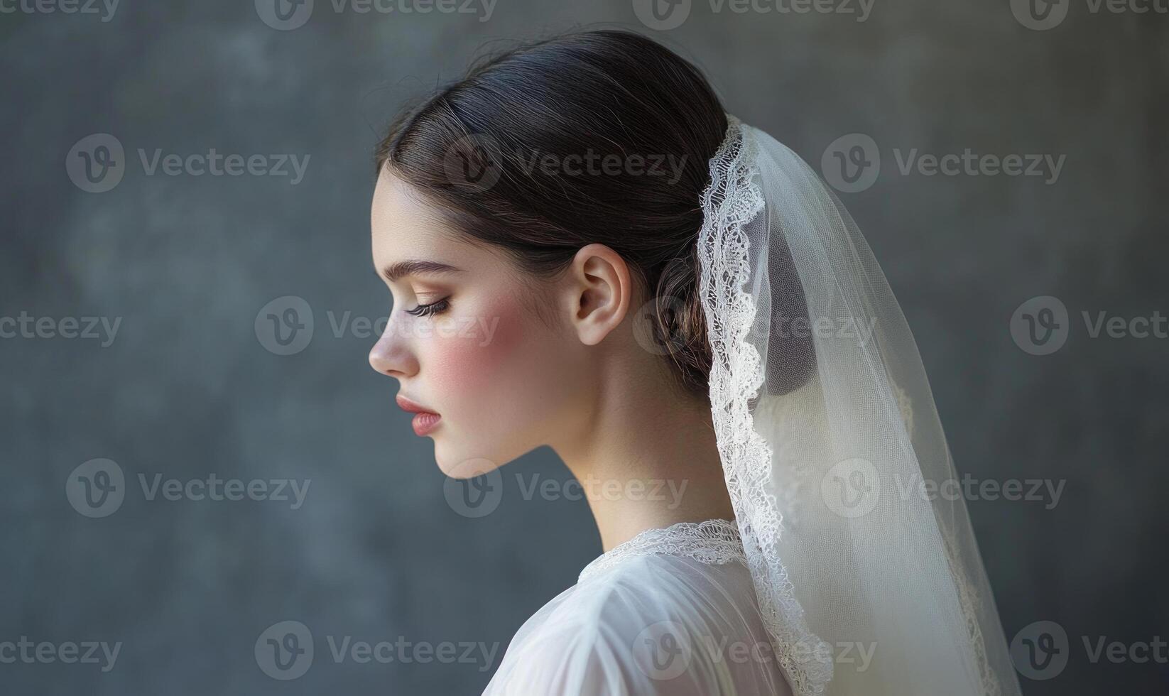 A woman wearing a white veil with lace and a white dress photo