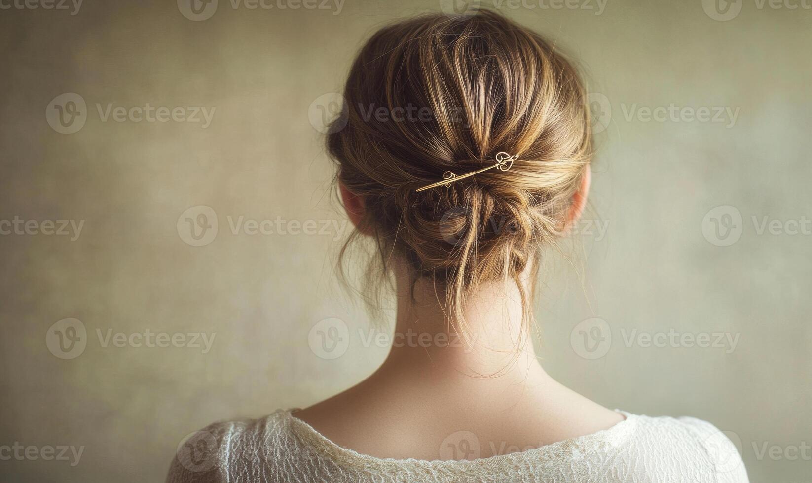A woman with a gold hair clip in her hair photo