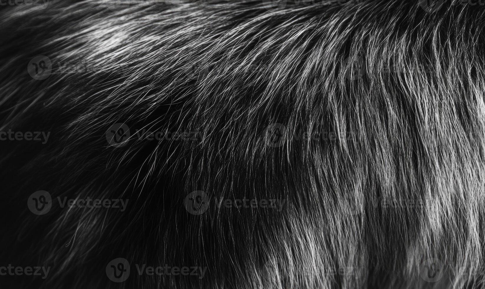 The fur of a dog is shown in black and white photo
