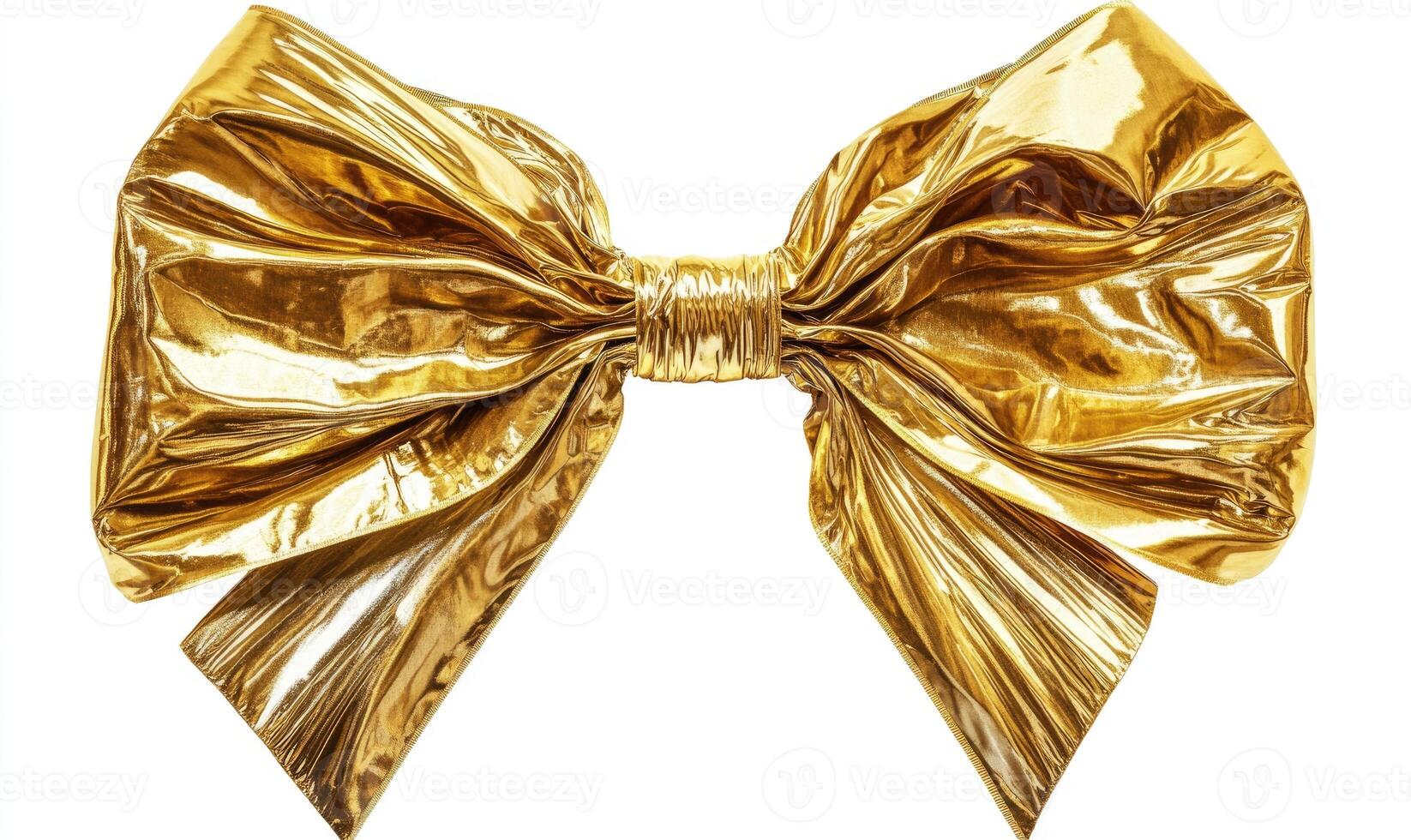 A gold bow is shown in a white background photo