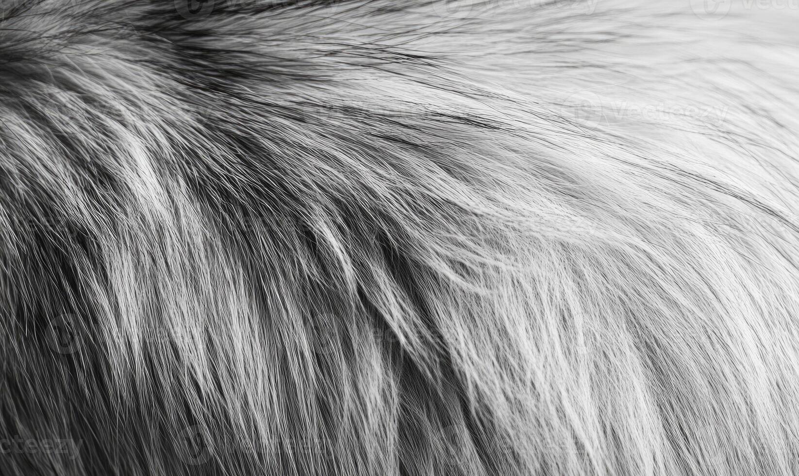 The fur of a dog is shown in black and white photo