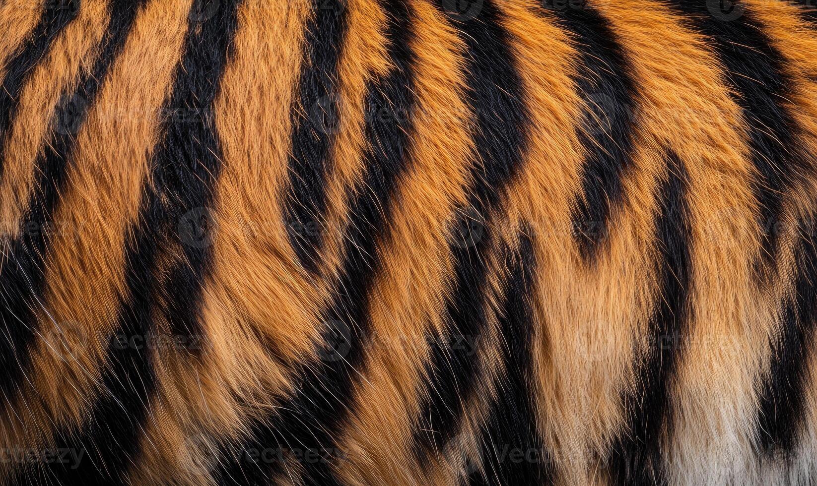 The tiger's fur is striped and has a mix of black and orange colors photo
