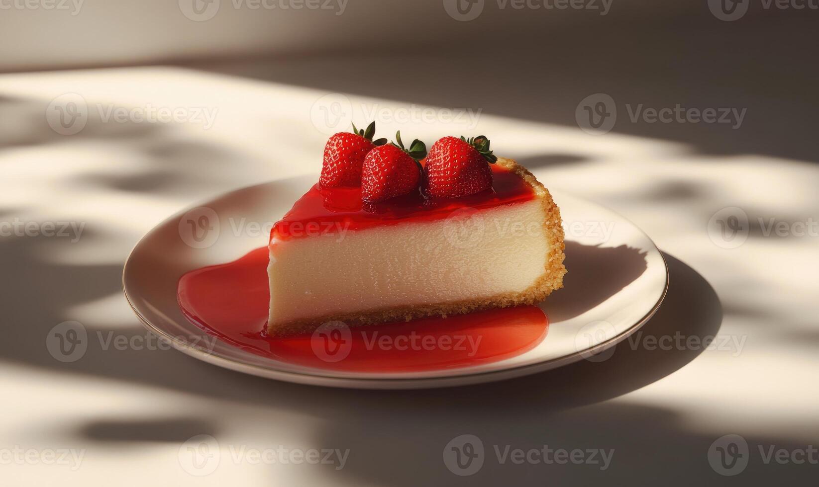 A slice of strawberry cheesecake with a drizzle of red sauce on top photo