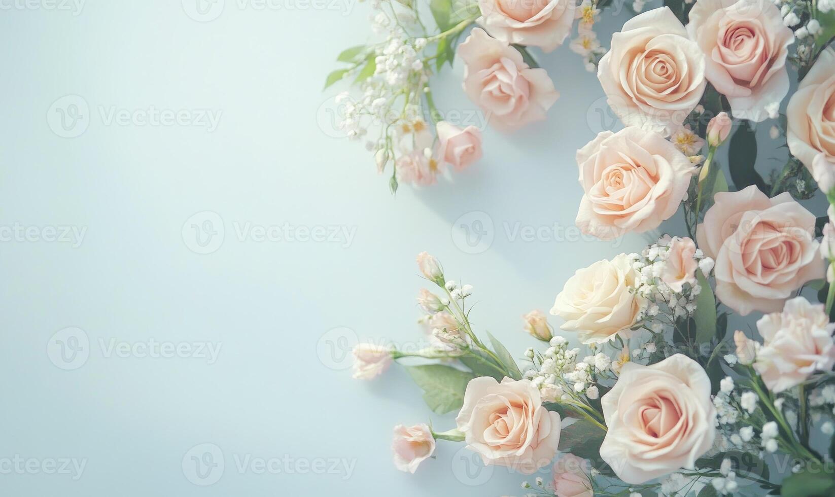 A bouquet of pink roses is arranged in a circle on a blue background photo