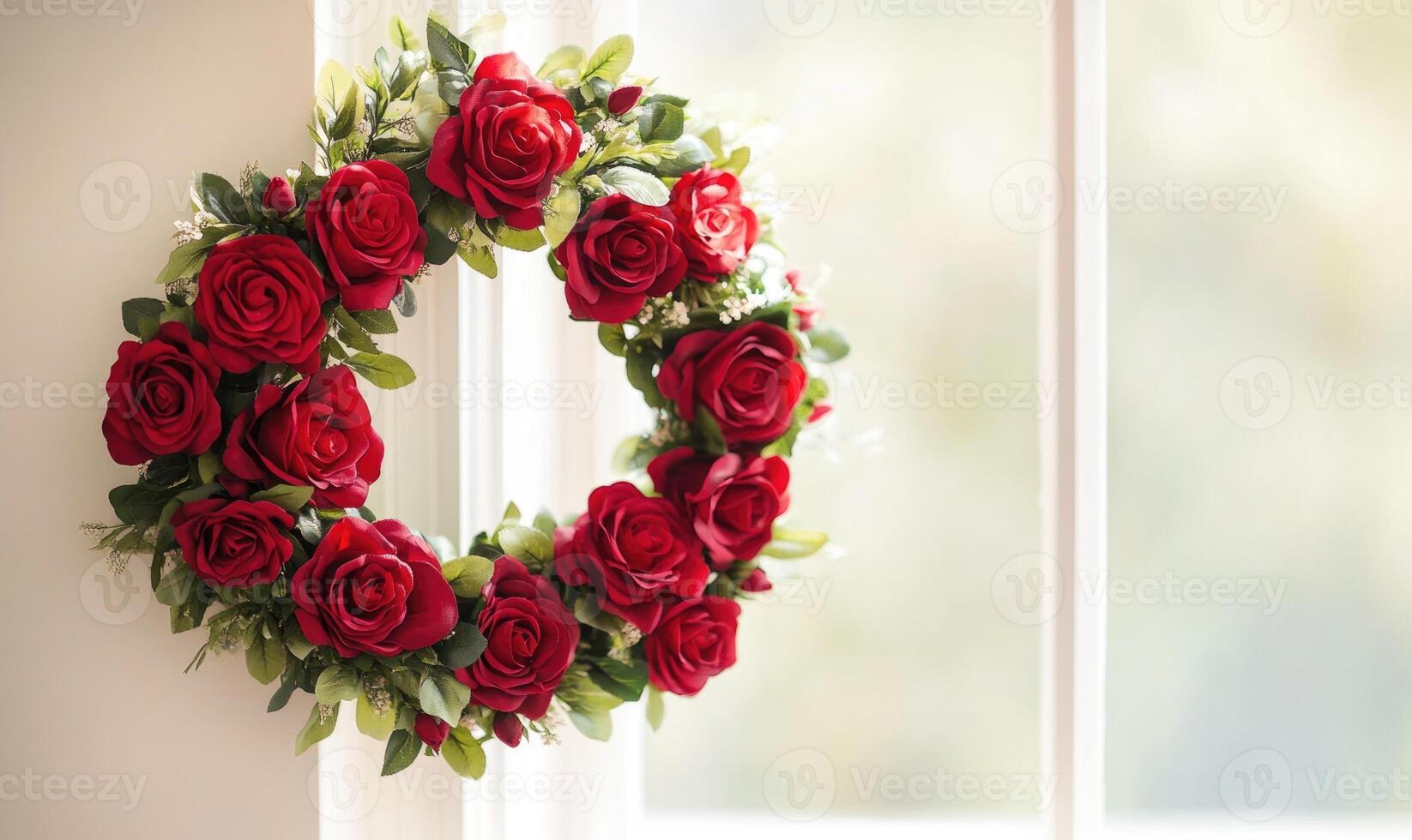 A wreath of red roses is hanging from a window photo