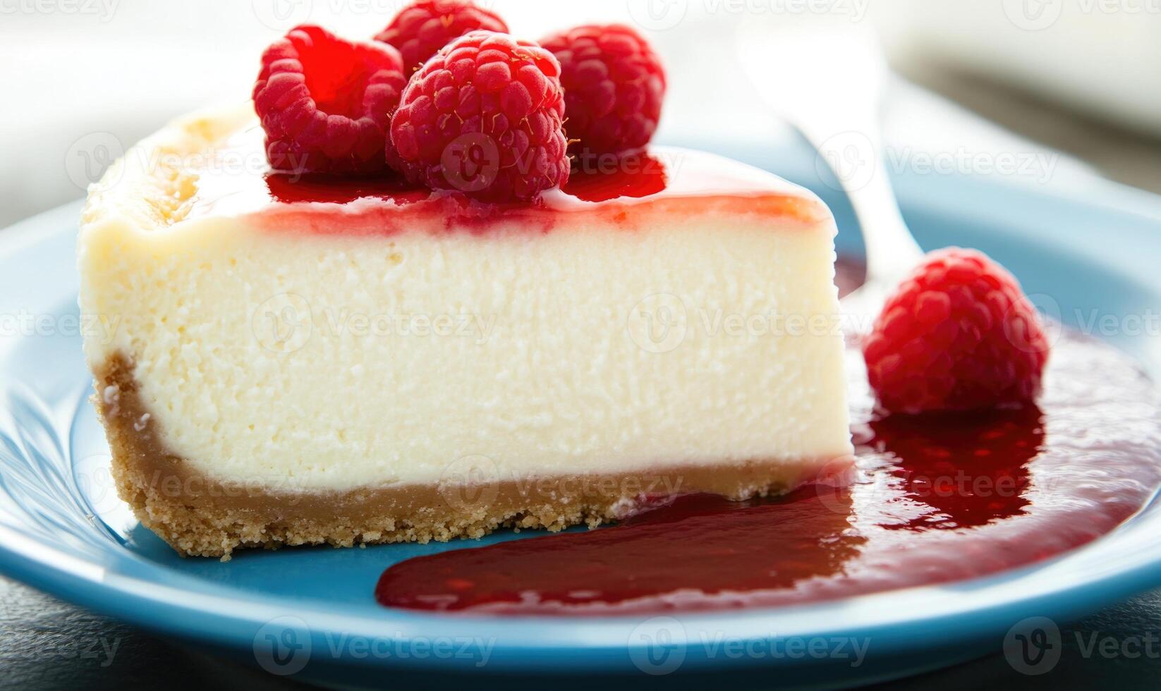 A slice of cheesecake with raspberries on top photo
