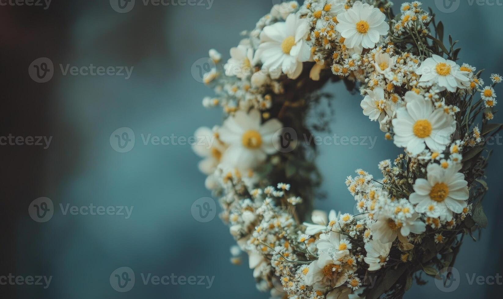 A white flower wreath with daisies and other flowers photo