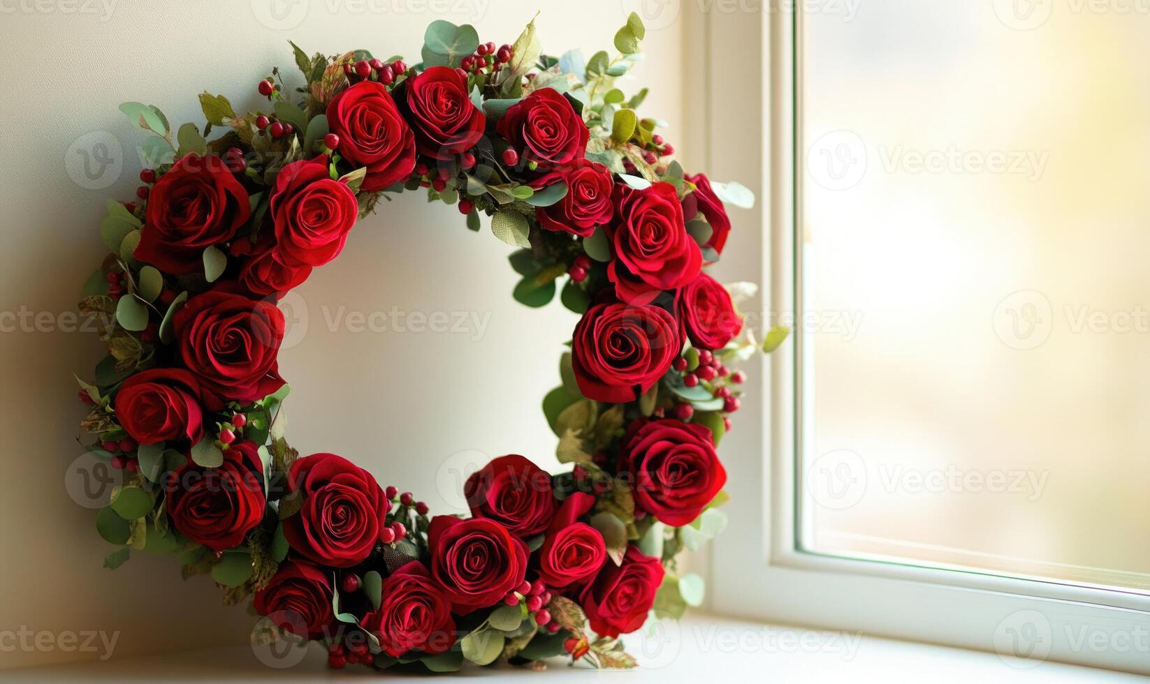 A wreath of red roses sits on a window sill photo