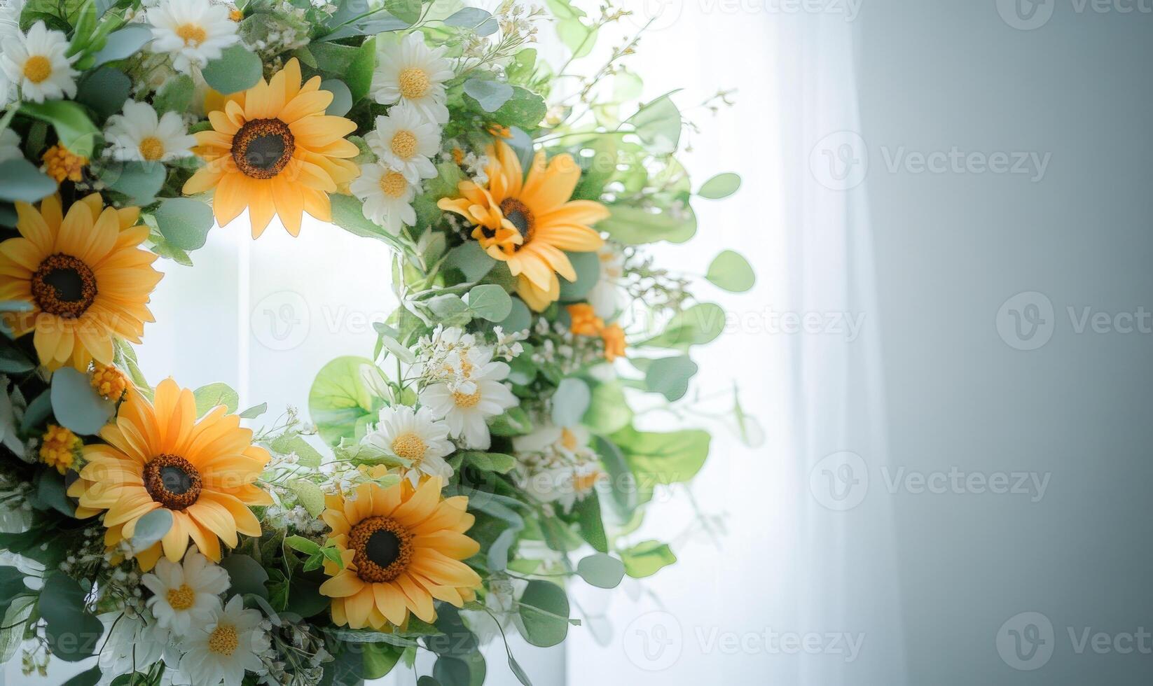 A wreath of flowers with yellow flowers and green leaves photo