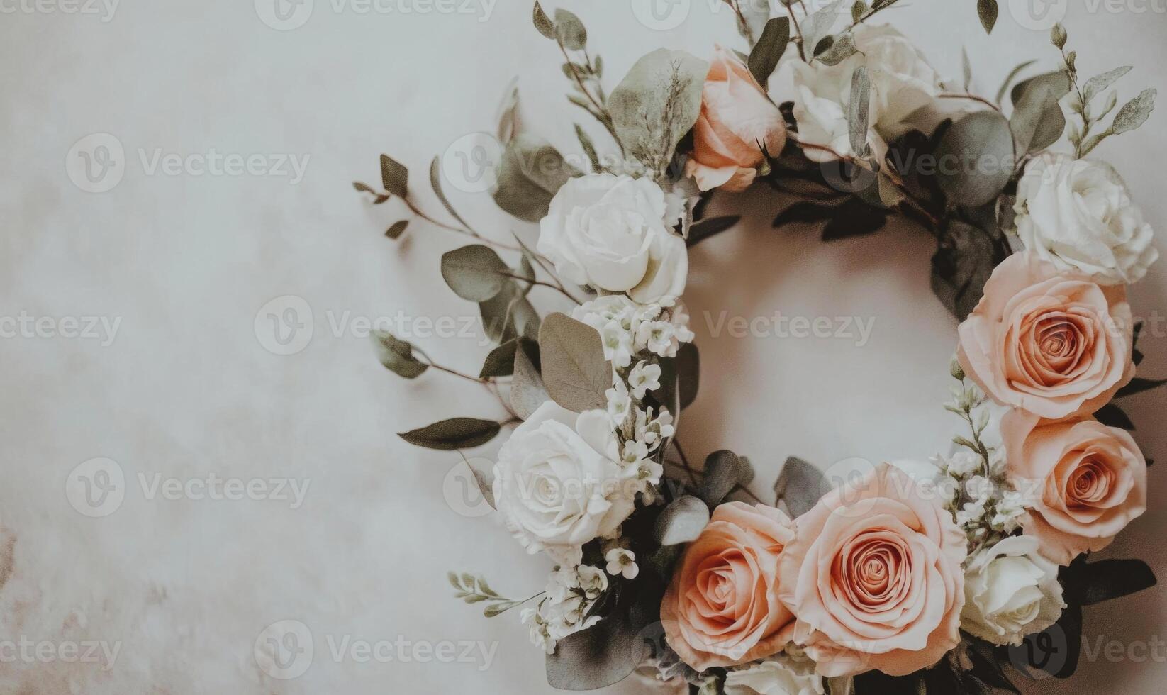A wreath of flowers with pink and white roses and green leaves photo
