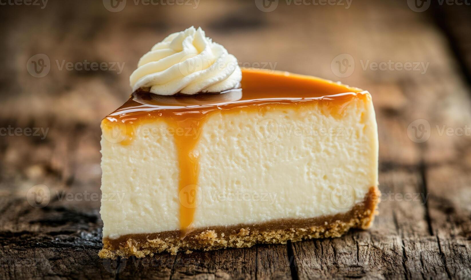 A slice of cheesecake with a caramel drizzle on top photo