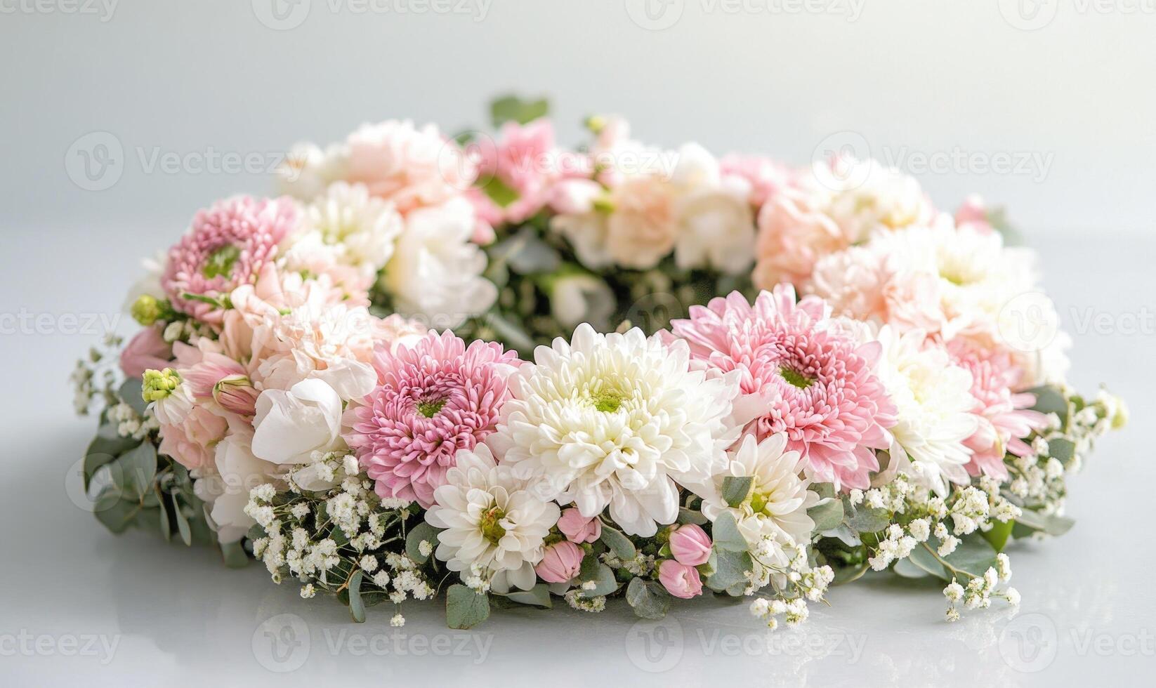 A flower arrangement with pink and white flowers in a round shape photo