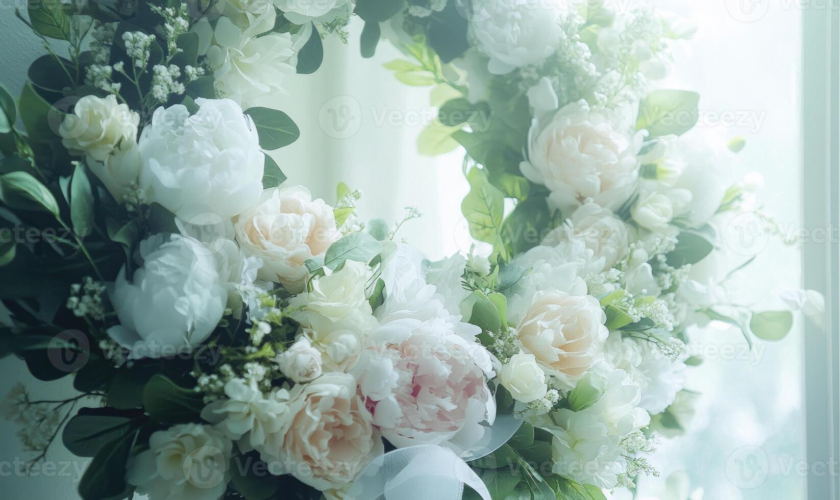 A wreath of white flowers with green leaves photo