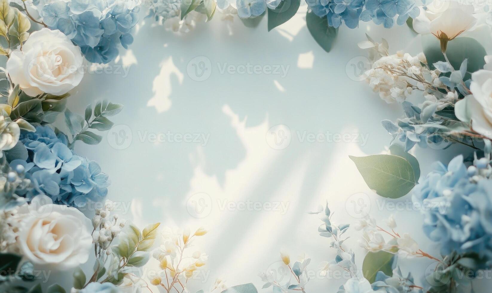 A blue and white flower arrangement with a white background photo