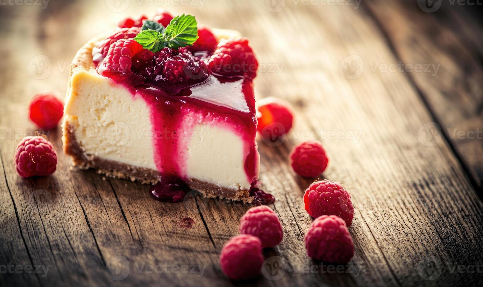 A slice of cheesecake with raspberry sauce and raspberries on a wooden table photo