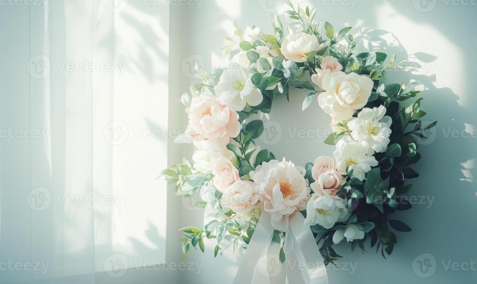 A wreath of flowers is hanging on a wall photo