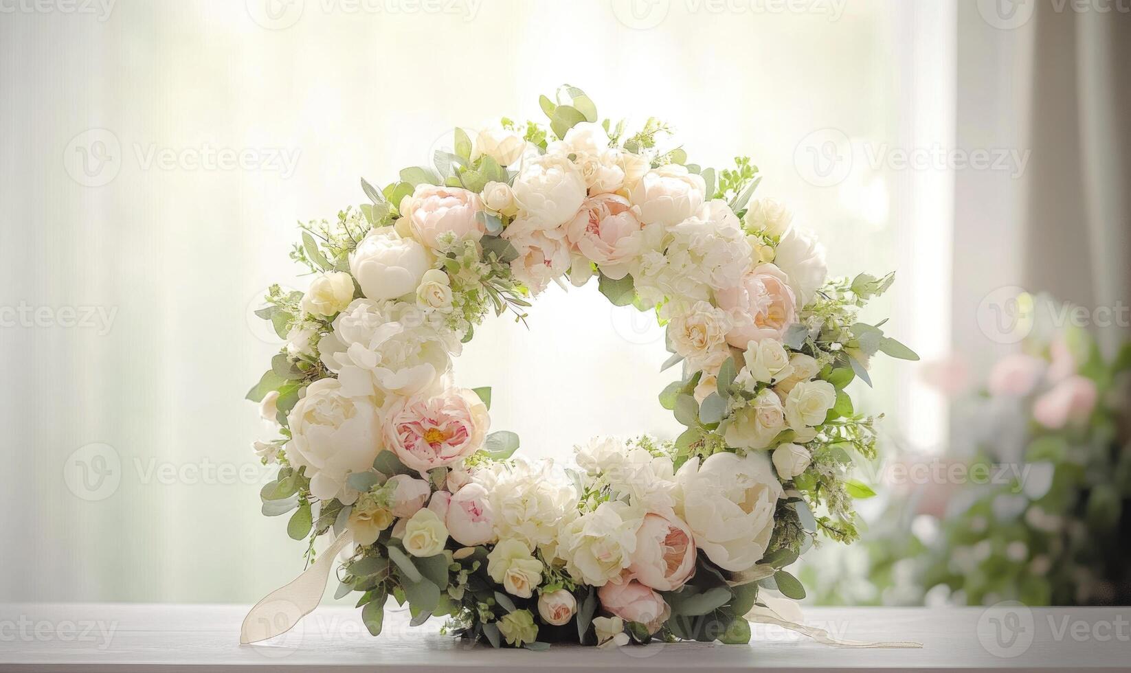 A white and pink flower arrangement in a round shape photo