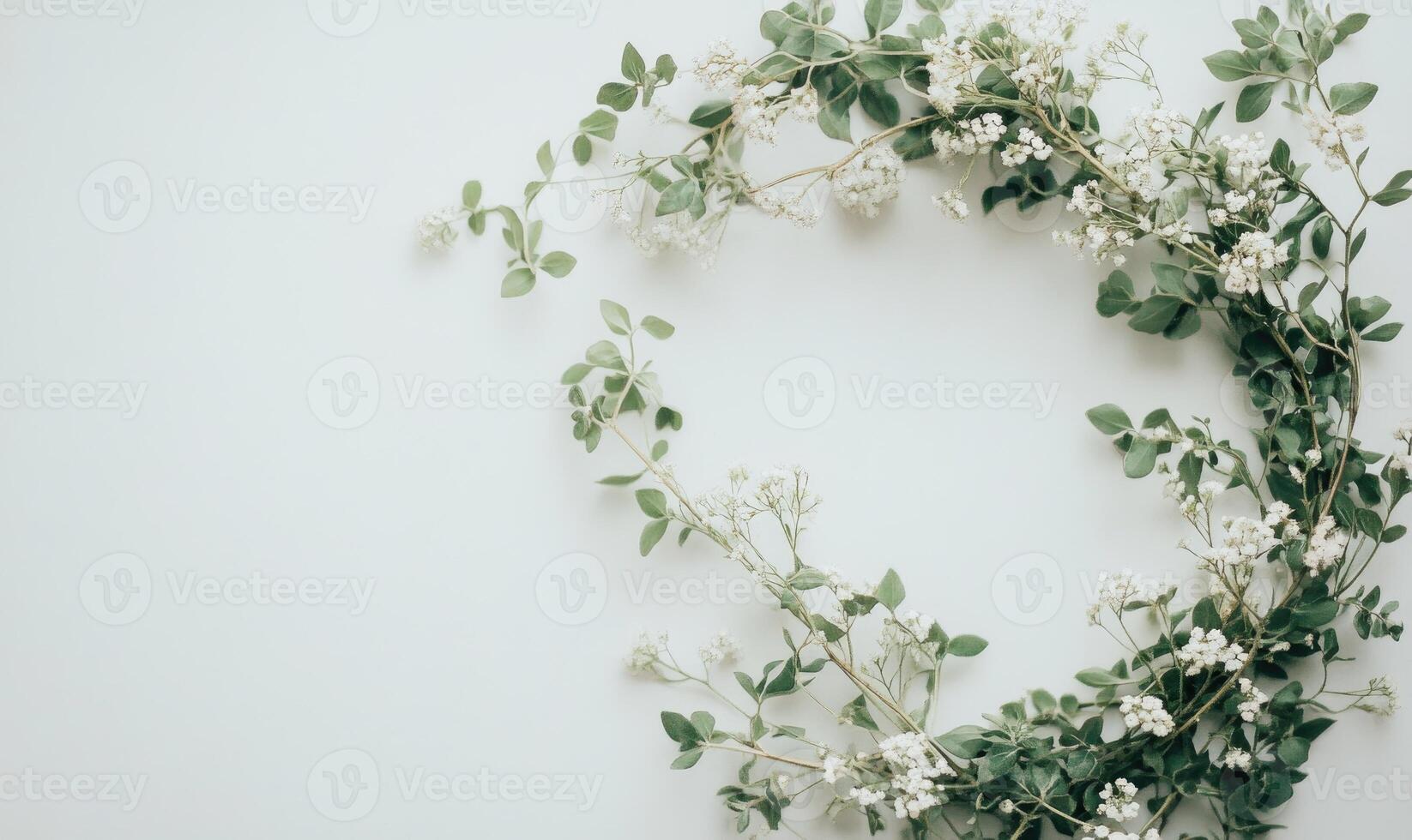 A white background with a wreath of green leaves and white flowers photo
