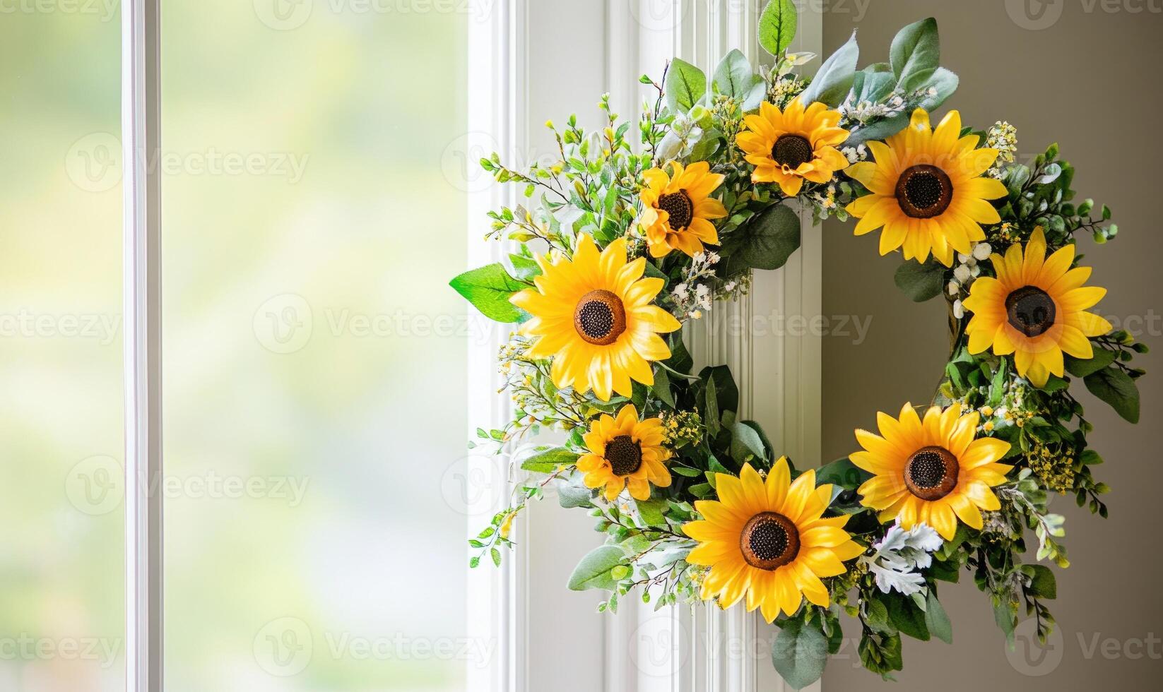 A wreath of yellow flowers sits on a window sill photo