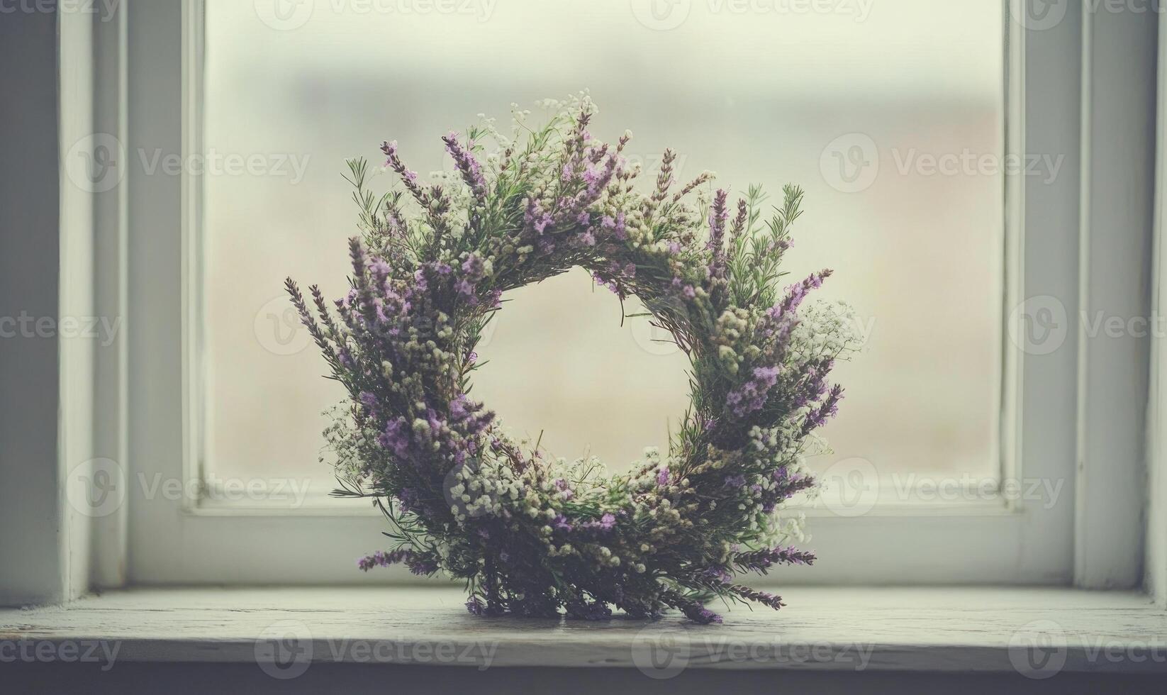 A wreath of purple flowers sits on a window sill photo