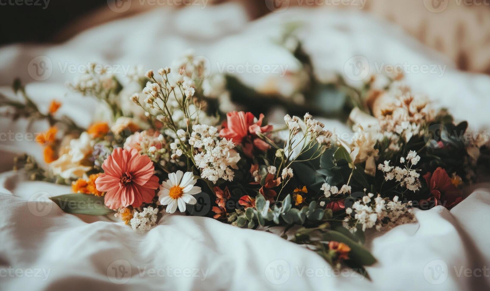 A bouquet of flowers is placed on a white bedspread photo