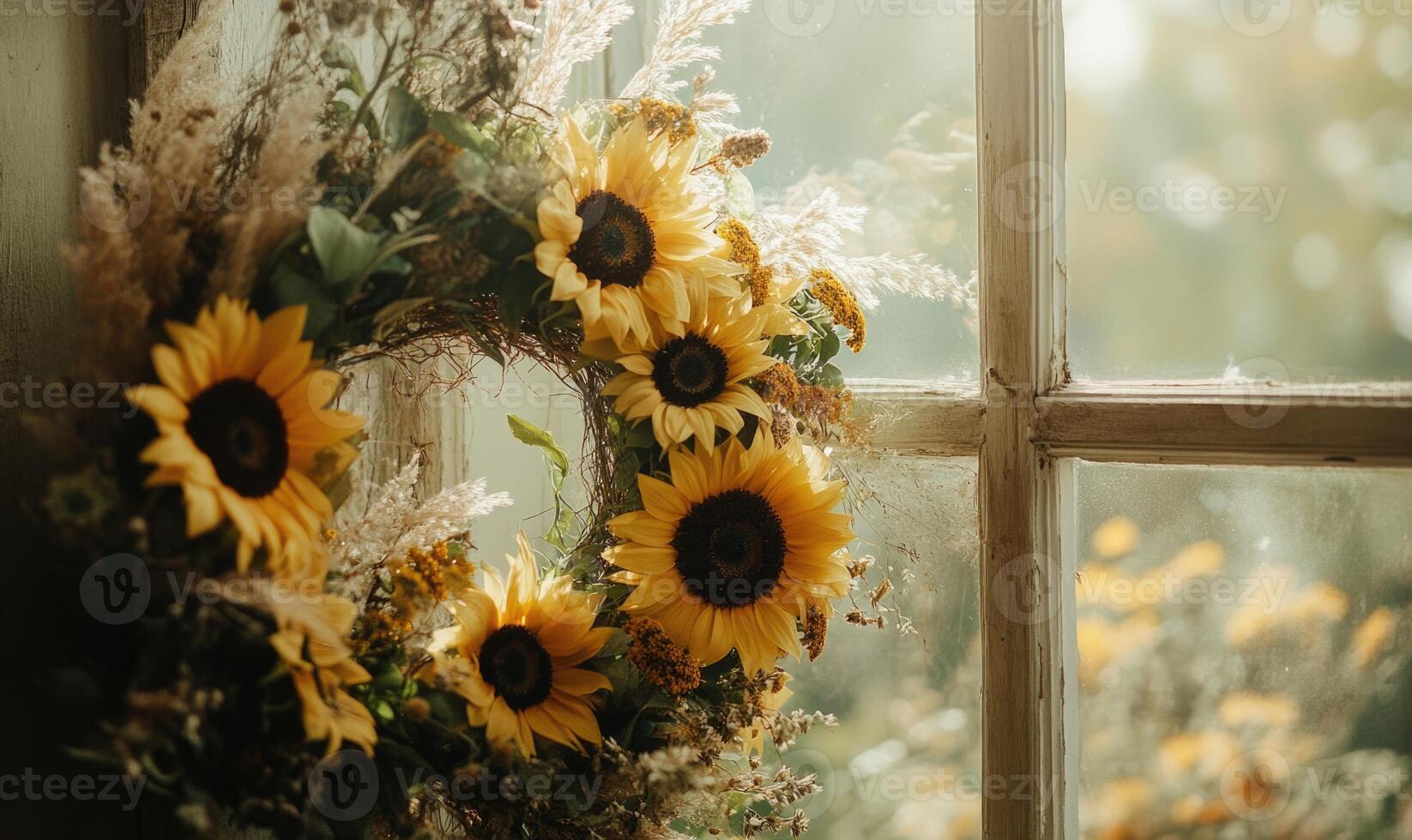 A wreath of yellow flowers sits in front of a window photo